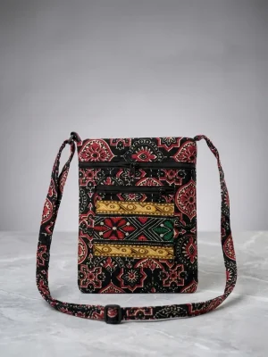 Printed Fabric Sling Bag with Multiple Zip Pockets