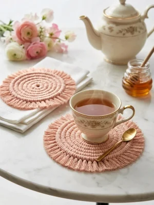 Handmade Macramé Tea Coaster - Pink