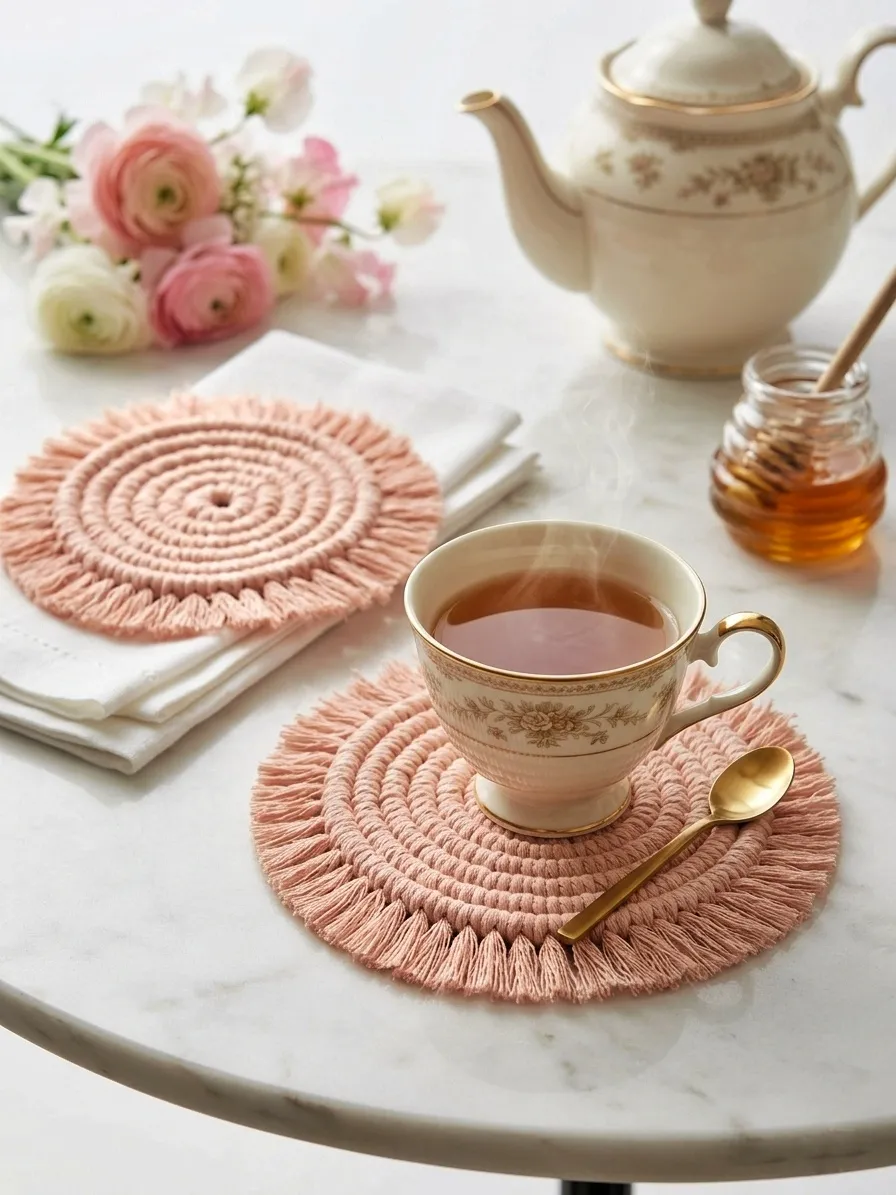 Handmade Macramé Tea Coaster - Pink