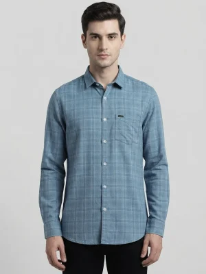 Men's Solid Regular Fit Casual Shirt with Spread Collar and Full Sleeves, Featuring a Button Placket, and Classic Straightforward Styling - Blue Current Checked