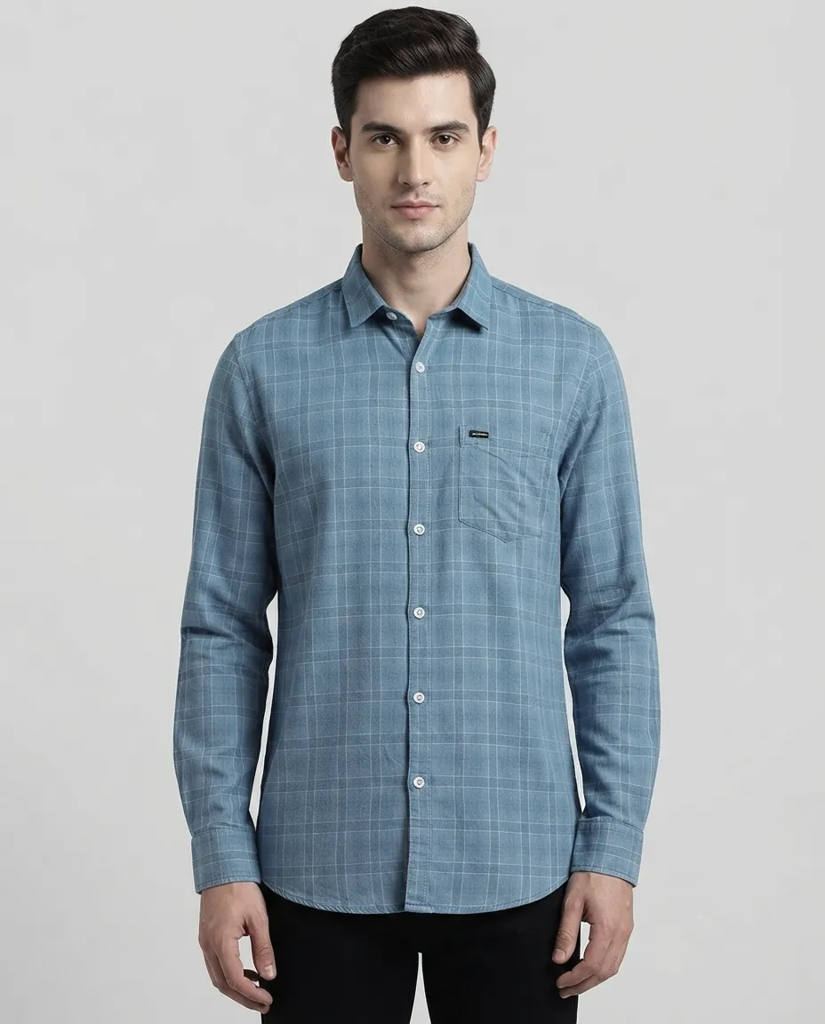 Men's Solid Regular Fit Casual Shirt with Spread Collar and Full Sleeves, Featuring a Button Placket, and Classic Straightforward Styling - Blue Current Checked