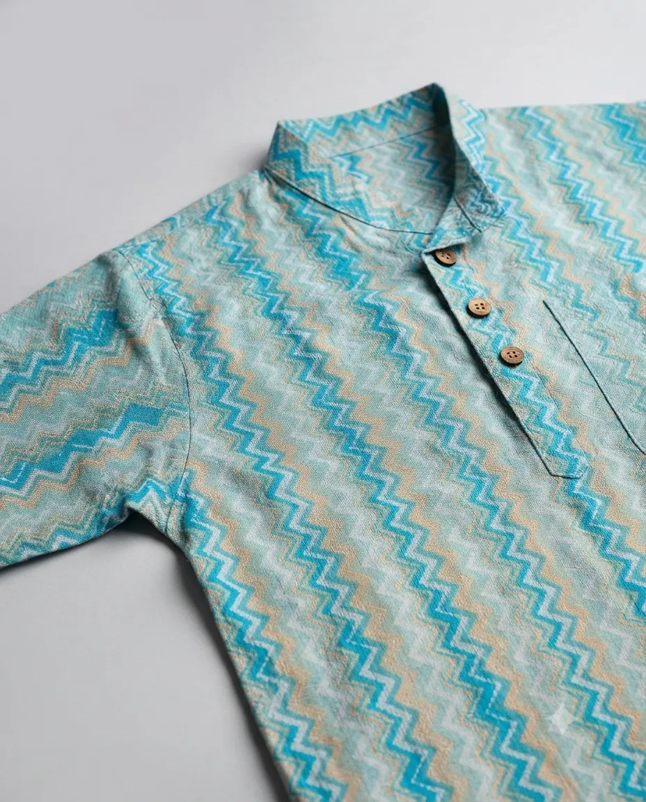 Men's Solid Regular Fit Casual Shirt with Spread Collar and Half Sleeves, Designed with a Clean Button Placket and Everyday Versatile Construction - Cyan - Traditional Zig Zag Stripe - Image 2