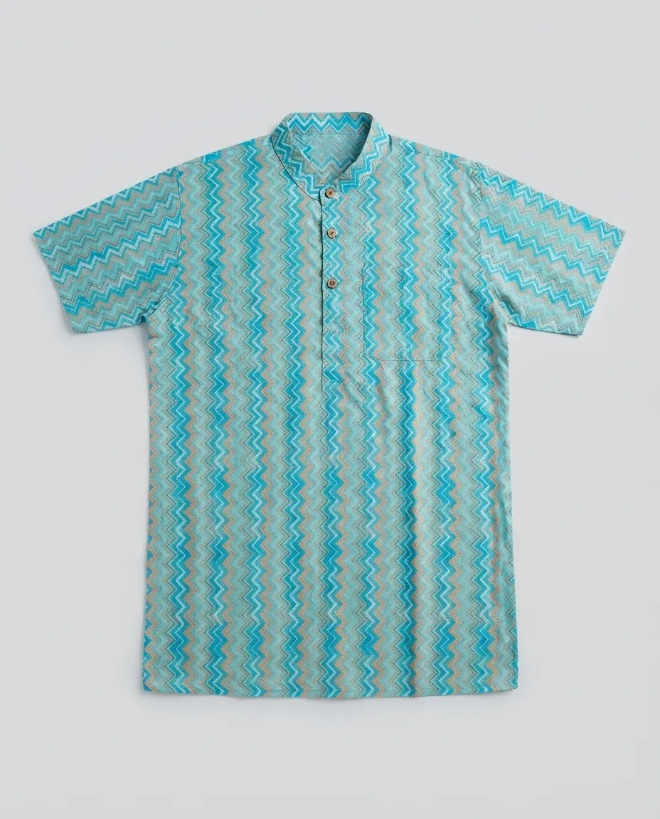 Men's Solid Regular Fit Casual Shirt with Spread Collar and Half Sleeves, Designed with a Clean Button Placket and Everyday Versatile Construction - Cyan - Traditional Zig Zag Stripe - Image 3