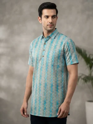 Men's Solid Regular Fit Casual Shirt with Spread Collar and Half Sleeves, Designed with a Clean Button Placket and Everyday Versatile Construction - Cyan - Traditional Zig Zag Stripe