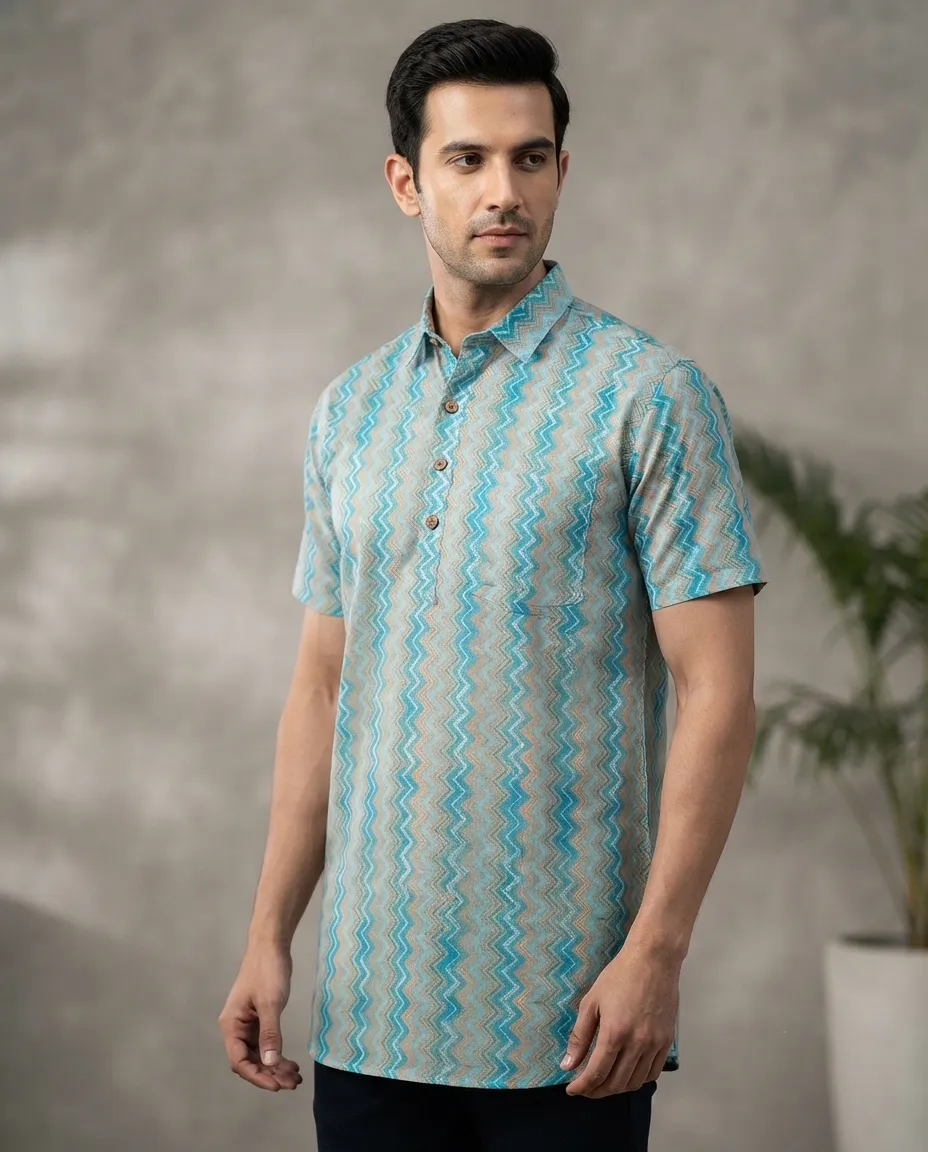 Men's Solid Regular Fit Casual Shirt with Spread Collar and Half Sleeves, Designed with a Clean Button Placket and Everyday Versatile Construction - Cyan - Traditional Zig Zag Stripe
