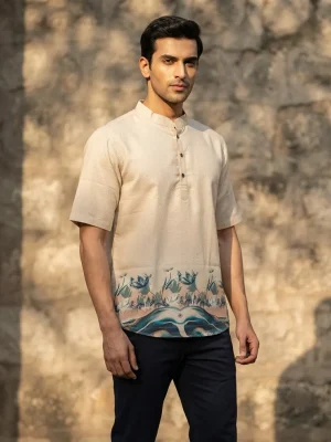 Men's Solid Regular Fit Casual Shirt with Spread Collar and Half Sleeves, Designed with a Clean Button Placket and Everyday Versatile Construction - Off White - Flower & Petals Print