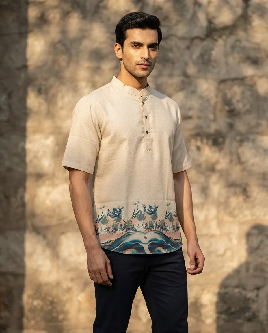Men's Solid Regular Fit Casual Shirt with Spread Collar and Half Sleeves, Designed with a Clean Button Placket and Everyday Versatile Construction - Off White - Flower & Petals Print
