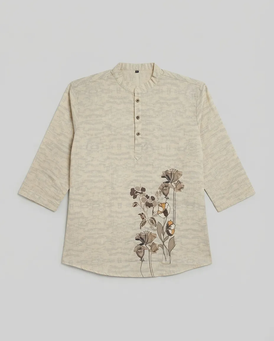 Men's Solid Regular Fit Casual Shirt with Spread Collar and Full Sleeves, Featuring a Button Placket, and Classic Straightforward Styling - Off white - Vinatge - Bottom Side Flowers & Petals - Image 3