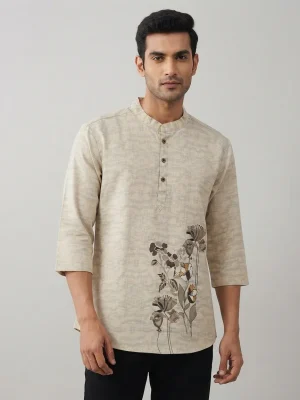 Men's Solid Regular Fit Casual Shirt with Spread Collar and Full Sleeves, Featuring a Button Placket, and Classic Straightforward Styling - Off white - Vinatge - Bottom Side Flowers & Petals