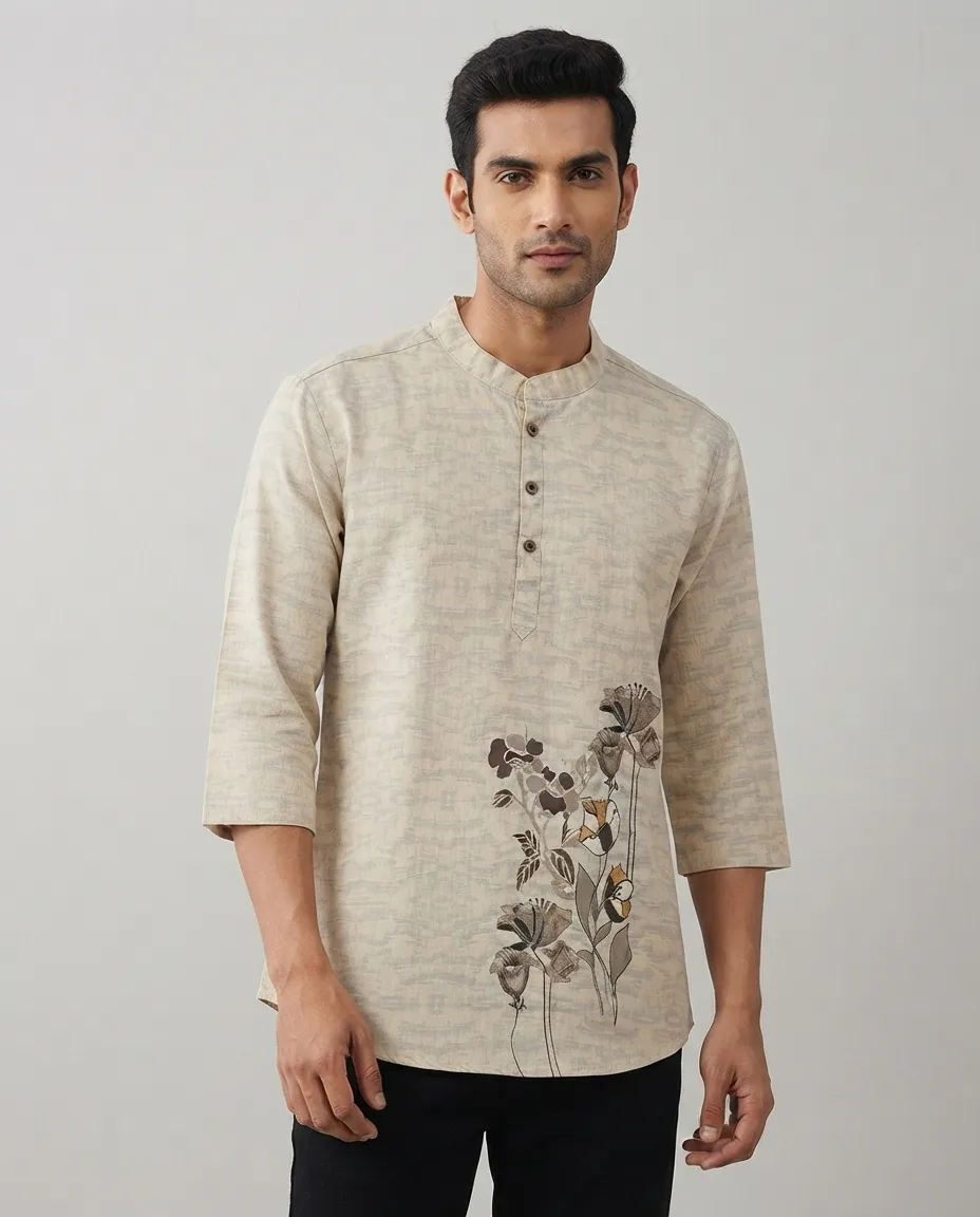 Men's Solid Regular Fit Casual Shirt with Spread Collar and Full Sleeves, Featuring a Button Placket, and Classic Straightforward Styling - Off white - Vinatge - Bottom Side Flowers & Petals