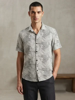 Men's Solid Regular Fit Casual Shirt with Spread Collar and Half Sleeves, Designed with a Clean Button Placket and Everyday Versatile Construction - Gray - Abstract Patterns