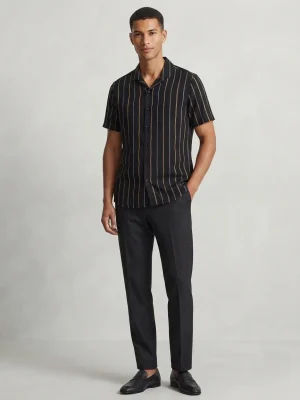 Men's Solid Regular Fit Casual Shirt with Spread Collar and Half Sleeves, Designed with a Clean Button Placket and Everyday Versatile Construction - Black - White & Yellow Stripes