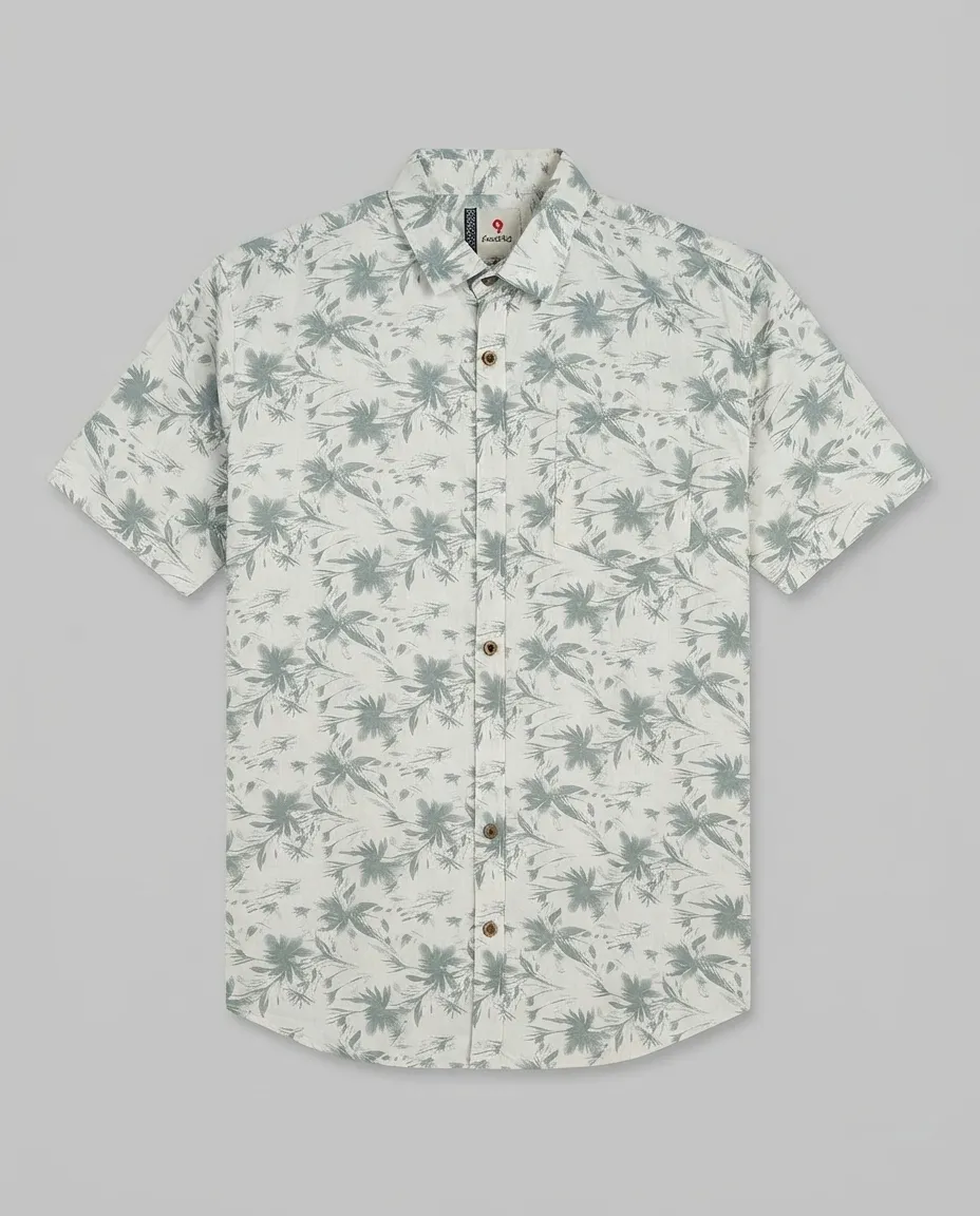 Men's Solid Regular Fit Casual Shirt with Spread Collar and Half Sleeves, Designed with a Clean Button Placket and Everyday Versatile Construction - White - Teal Leaf Prints - Image 2