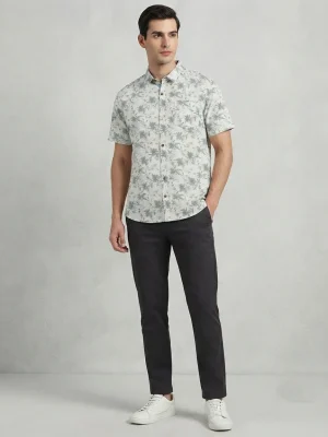 Men's Solid Regular Fit Casual Shirt with Spread Collar and Half Sleeves, Designed with a Clean Button Placket and Everyday Versatile Construction - White - Teal Leaf Prints