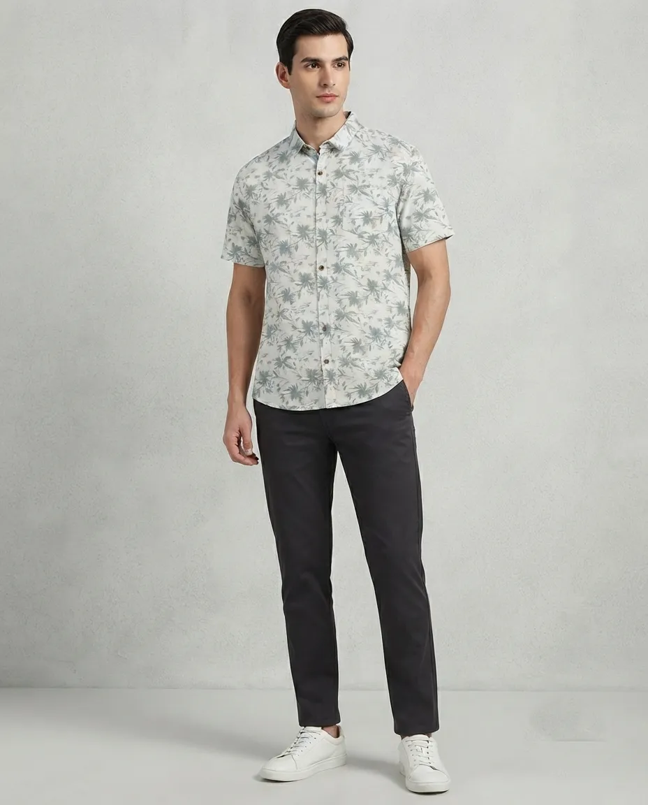 Men's Solid Regular Fit Casual Shirt with Spread Collar and Half Sleeves, Designed with a Clean Button Placket and Everyday Versatile Construction - White - Teal Leaf Prints