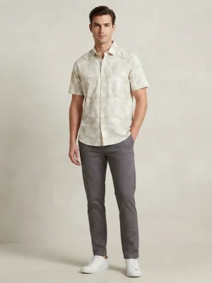 Men's Solid Regular Fit Casual Shirt with Spread Collar and Half Sleeves, Designed with a Clean Button Placket and Everyday Versatile Construction - White - Light Olive Leaf Prints