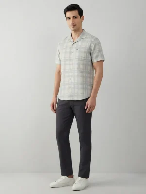 Men's Solid Regular Fit Casual Shirt with Spread Collar and Half Sleeves, Designed with a Clean Button Placket and Everyday Versatile Construction - Off White with Off Blue Stripes