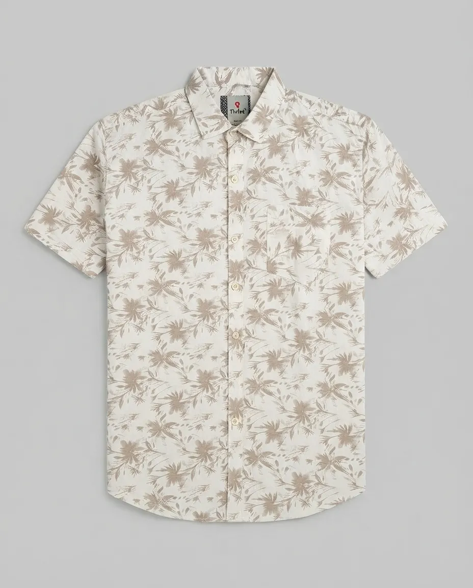 Men's Solid Regular Fit Casual Shirt with Spread Collar and Half Sleeves, Designed with a Clean Button Placket and Everyday Versatile Construction - White with Light Brown Leaf Prints - Image 2