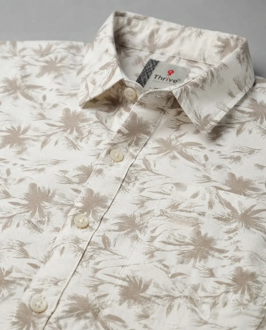 Men's Solid Regular Fit Casual Shirt with Spread Collar and Half Sleeves, Designed with a Clean Button Placket and Everyday Versatile Construction - White with Light Brown Leaf Prints - Image 3