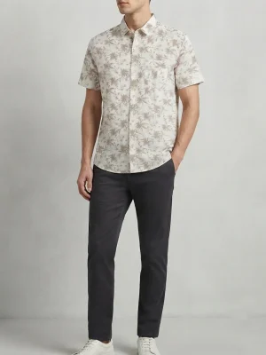 Men's Solid Regular Fit Casual Shirt with Spread Collar and Half Sleeves, Designed with a Clean Button Placket and Everyday Versatile Construction - White with Light Brown Leaf Prints