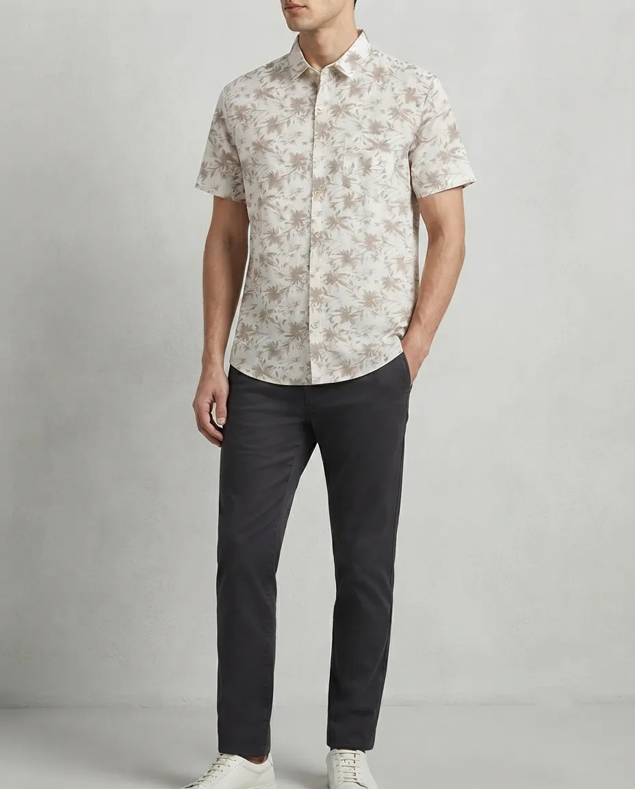 Men's Solid Regular Fit Casual Shirt with Spread Collar and Half Sleeves, Designed with a Clean Button Placket and Everyday Versatile Construction - White with Light Brown Leaf Prints