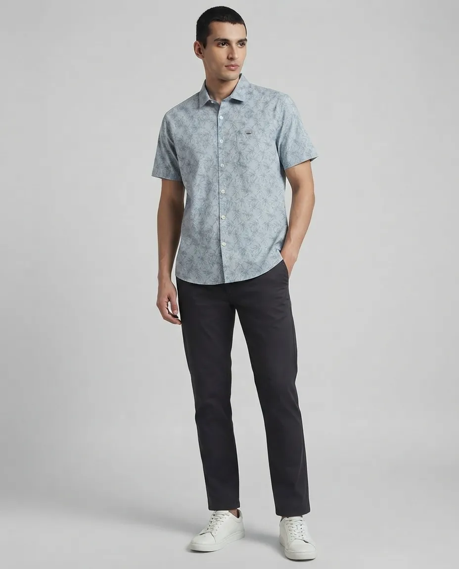 Men's Solid Regular Fit Casual Shirt with Spread Collar and Half Sleeves, Designed with a Clean Button Placket and Everyday Versatile Construction - Leaf Imprints - Blue Current