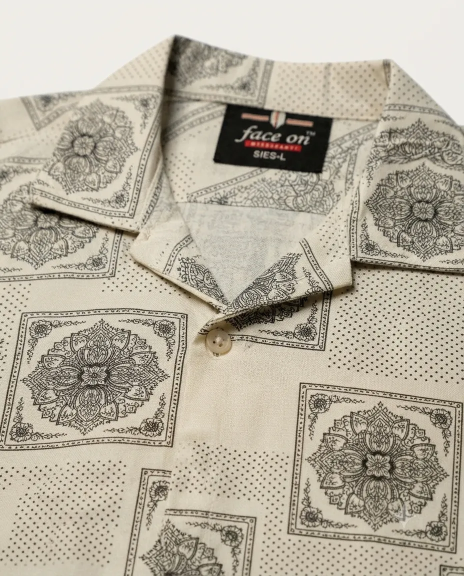 Men's Solid Regular Fit Casual Shirt with Spread Collar and Half Sleeves, Designed with a Clean Button Placket and Everyday Versatile Construction - Off White - Square Mandala - Image 2