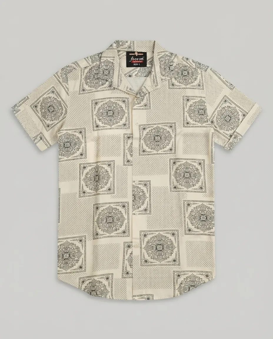 Men's Solid Regular Fit Casual Shirt with Spread Collar and Half Sleeves, Designed with a Clean Button Placket and Everyday Versatile Construction - Off White - Square Mandala - Image 3