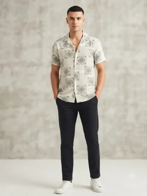 Men's Solid Regular Fit Casual Shirt with Spread Collar and Half Sleeves, Designed with a Clean Button Placket and Everyday Versatile Construction - Off White - Square Mandala