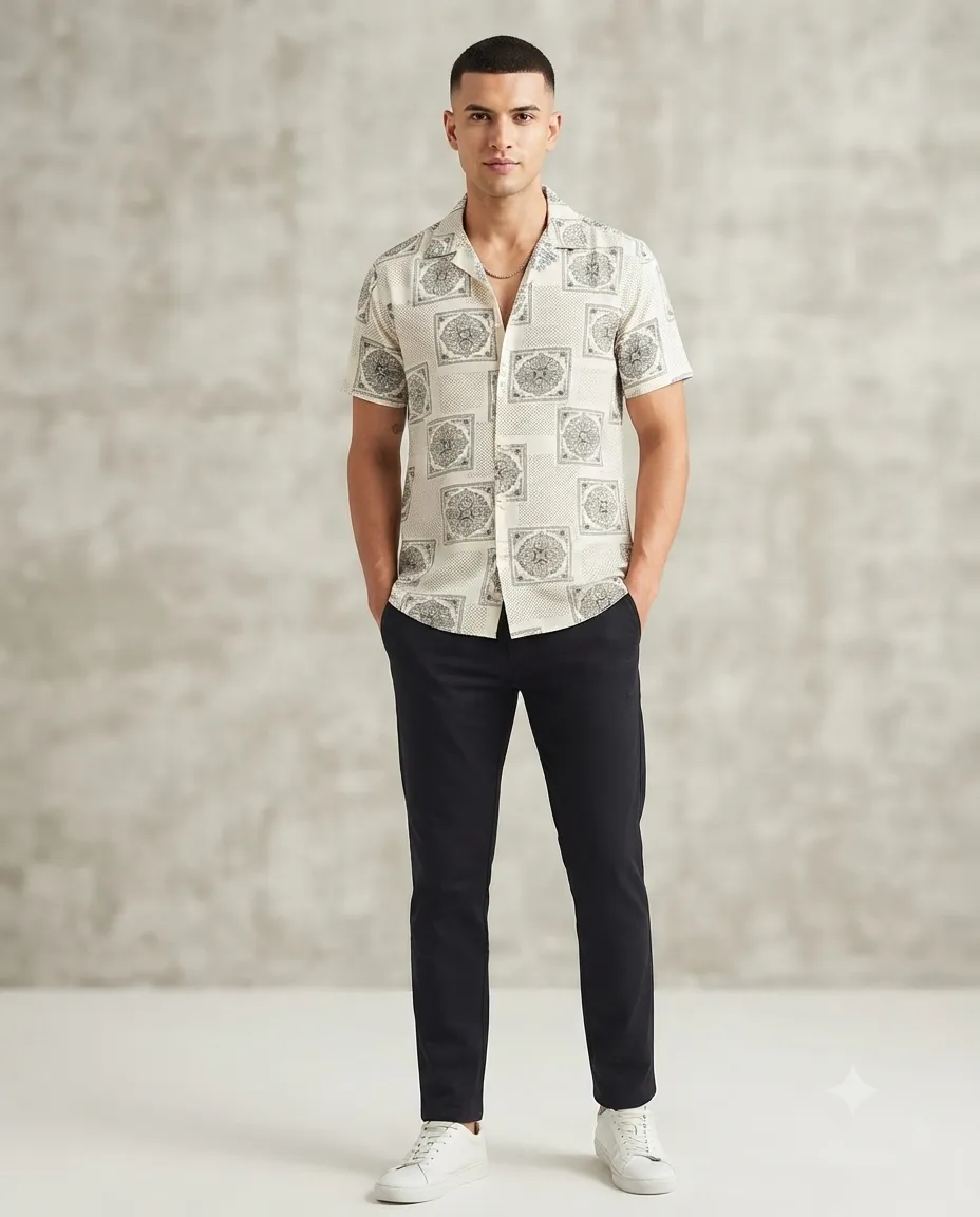 Men's Solid Regular Fit Casual Shirt with Spread Collar and Half Sleeves, Designed with a Clean Button Placket and Everyday Versatile Construction - Off White - Square Mandala