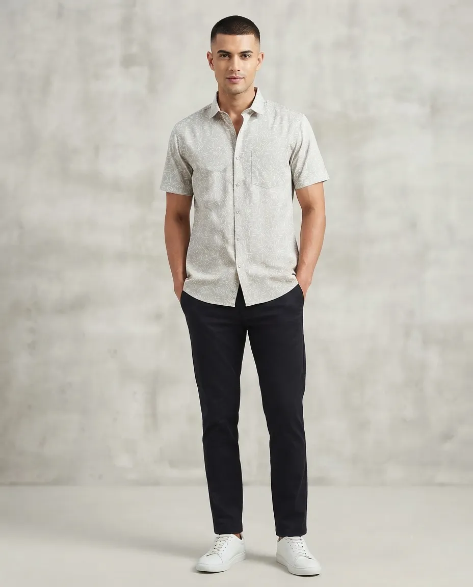 Men's Solid Regular Fit Casual Shirt with Spread Collar and Half Sleeves, Designed with a Clean Button Placket and Everyday Versatile Construction - Off White - Beeds Print