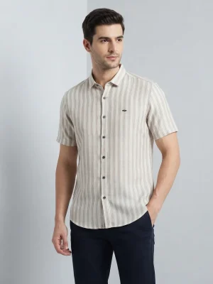 Men's Solid Regular Fit Casual Shirt with Spread Collar and Half Sleeves, Designed with a Clean Button Placket and Everyday Versatile Construction - Off White Stripe Prints