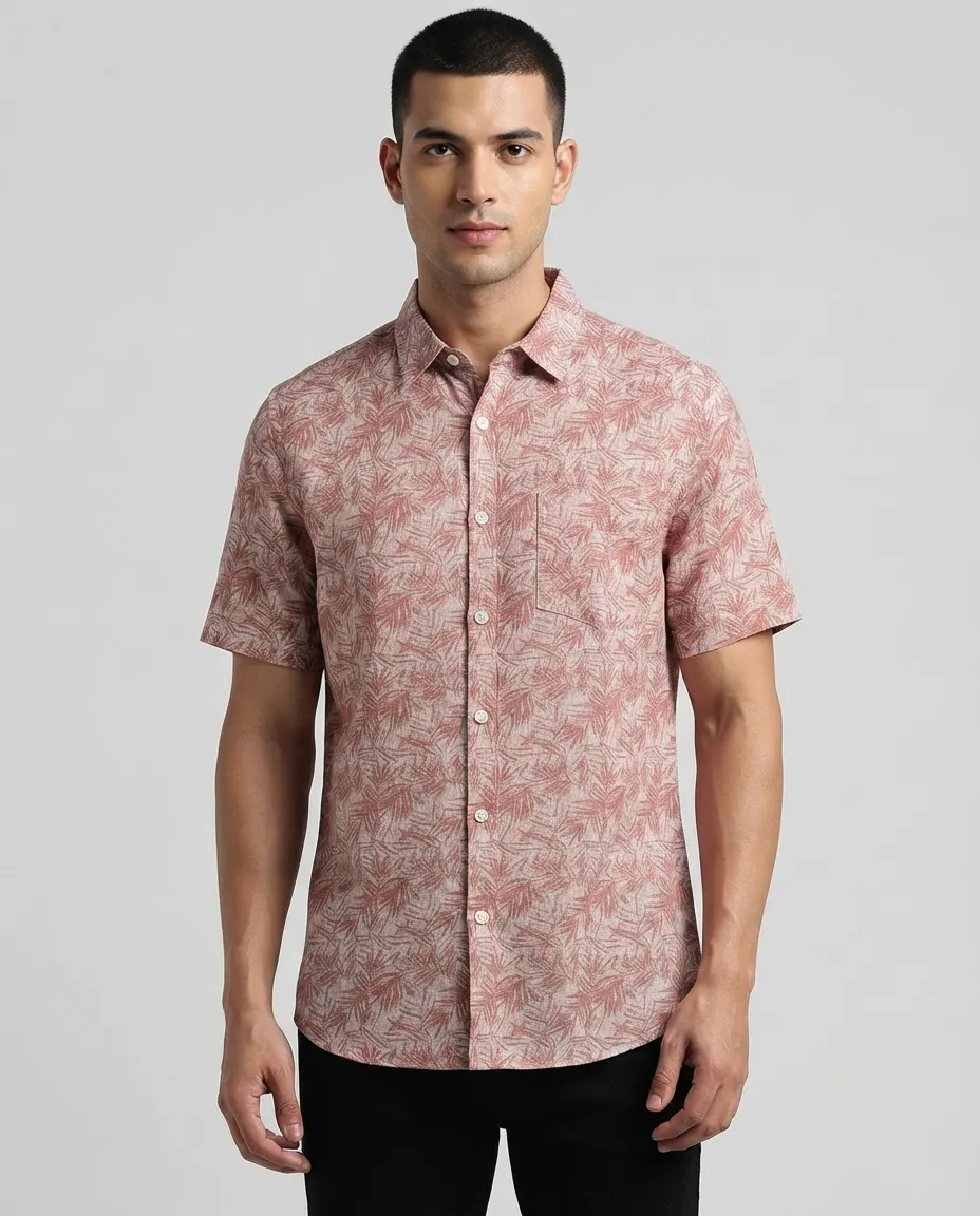 Men's Solid Regular Fit Casual Shirt with Spread Collar and Half Sleeves, Designed with a Clean Button Placket and Everyday Versatile Construction - Maroon - Leaf Imprints