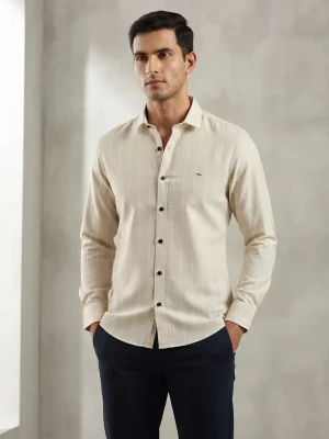 Men's Solid Regular Fit Casual Shirt with Spread Collar and Full Sleeves, Featuring a Button Placket, and Classic Straightforward Styling - Off White with Stripe Lines