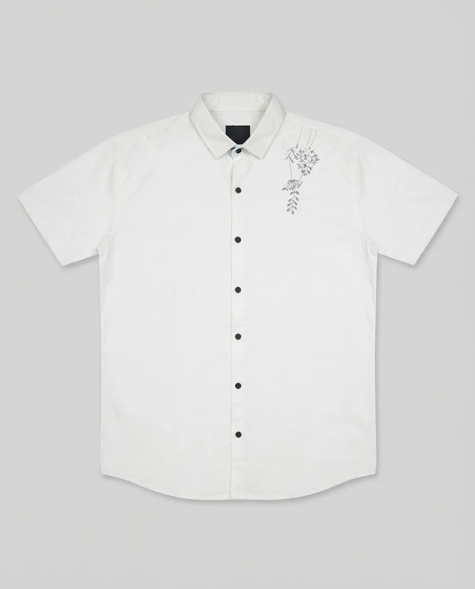 Men's Solid Regular Fit Casual Shirt with Spread Collar and Full Sleeves, Featuring a Button Placket, and Classic Straightforward Styling - White - Shoulder Petal Print - Image 3