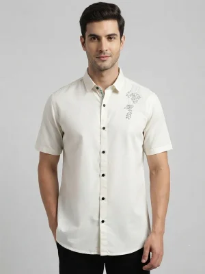 Men's Solid Regular Fit Casual Shirt with Spread Collar and Full Sleeves, Featuring a Button Placket, and Classic Straightforward Styling - White - Shoulder Petal Print