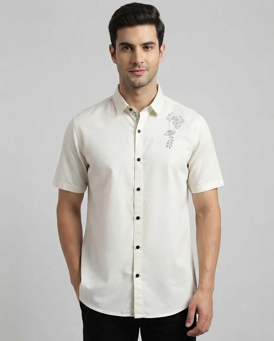 Men's Solid Regular Fit Casual Shirt with Spread Collar and Full Sleeves, Featuring a Button Placket, and Classic Straightforward Styling - White - Shoulder Petal Print