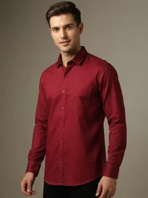 Men's Solid Regular Fit Casual Shirt with Spread Collar and Full Sleeves, Featuring a Button Placket, and Classic Straightforward Styling - Rose Red