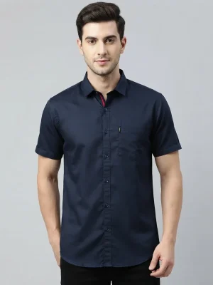 Men's Solid Regular Fit Casual Shirt with Spread Collar and Half Sleeves, Designed with a Clean Button Placket and Everyday Versatile Construction - Deep Ocean Blue