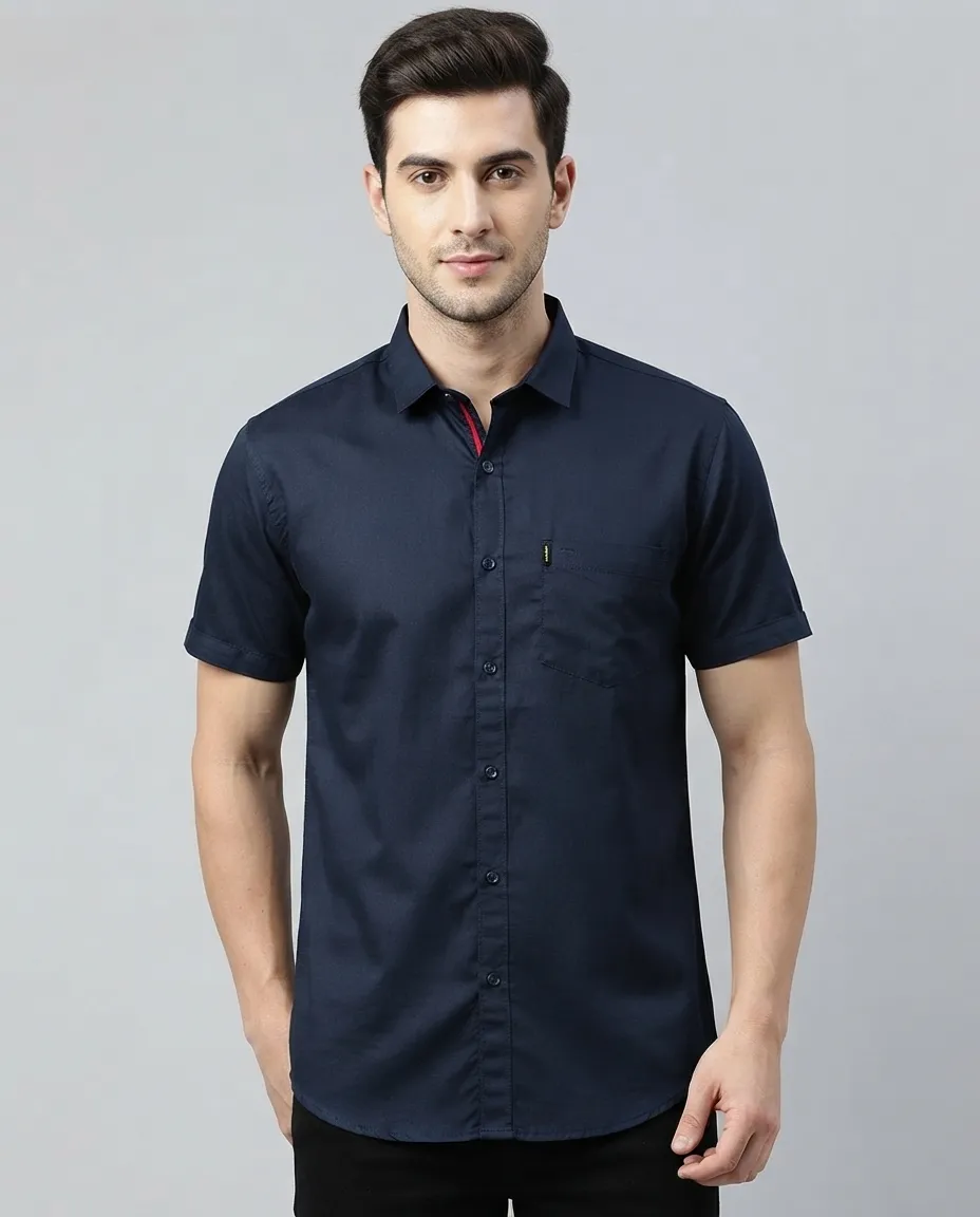 Men's Solid Regular Fit Casual Shirt with Spread Collar and Half Sleeves, Designed with a Clean Button Placket and Everyday Versatile Construction - Deep Ocean Blue