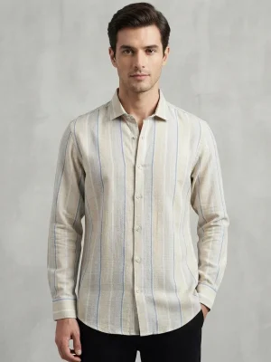 Men's Solid Regular Fit Casual Shirt with Spread Collar and Full Sleeves, Featuring a Button Placket, and Classic Straightforward Styling - 90's Vintage Stripes