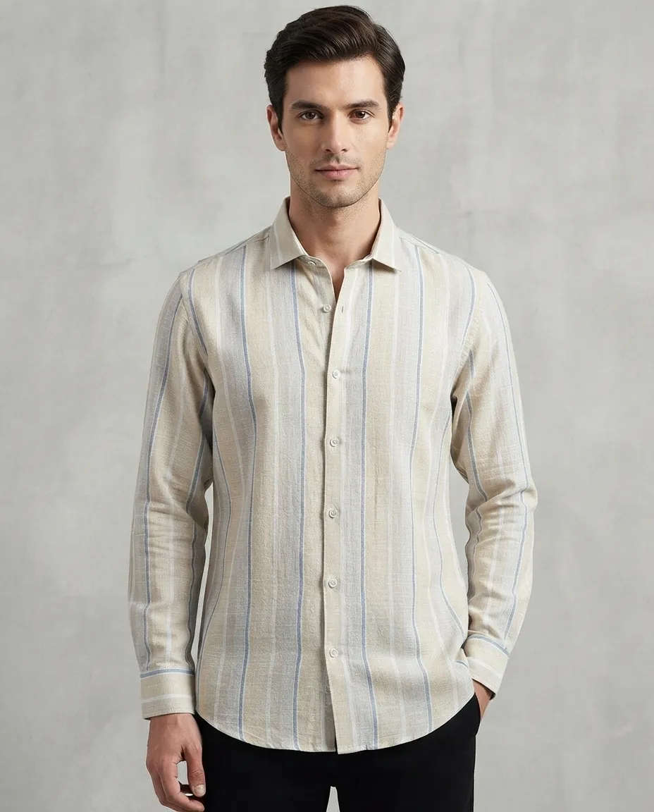 Men's Solid Regular Fit Casual Shirt with Spread Collar and Full Sleeves, Featuring a Button Placket, and Classic Straightforward Styling - 90's Vintage Stripes