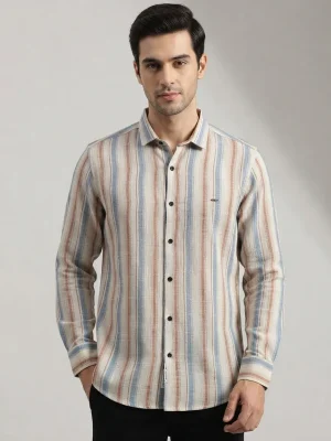 Men's Solid Regular Fit Casual Shirt with Spread Collar and Full Sleeves, Featuring a Button Placket, and Classic Straightforward Styling - 90's Vintage Stripes - Maroon & Blue Lines