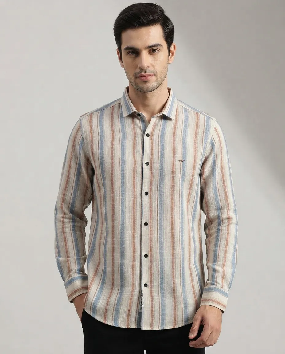 Men's Solid Regular Fit Casual Shirt with Spread Collar and Full Sleeves, Featuring a Button Placket, and Classic Straightforward Styling - 90's Vintage Stripes - Maroon & Blue Lines