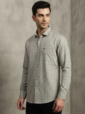 Men's Solid Regular Fit Casual Shirt with Spread Collar and Full Sleeves, Featuring a Button Placket, and Classic Straightforward Styling - Square Checks