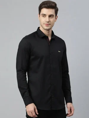 Men's Solid Regular Fit Casual Shirt with Spread Collar and Full Sleeves, Featuring a Button Placket, and Classic Straightforward Styling - Plain Black