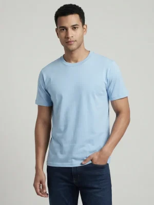 Men's Plain T-Shirt with Short Sleeves, Solid Design, Regular Fit and Cotton Fabric for Casual Everyday Wear - Sky Blue