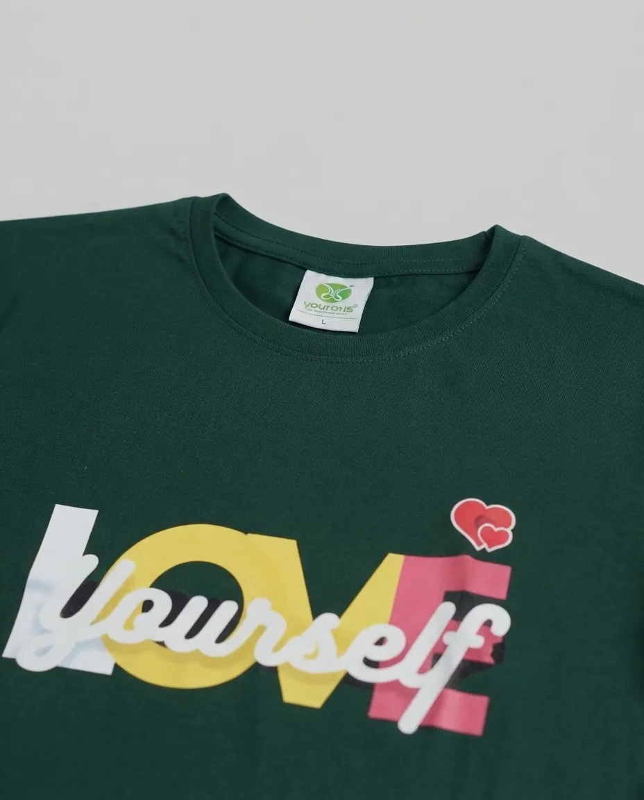 Men's Graphic Printed T-Shirt with Short Sleeves and Bengali-Inspired Artwork, Featuring a Clean Regular Fit for Casual Everyday Wear - Forest Green - Love Yourself - Image 2