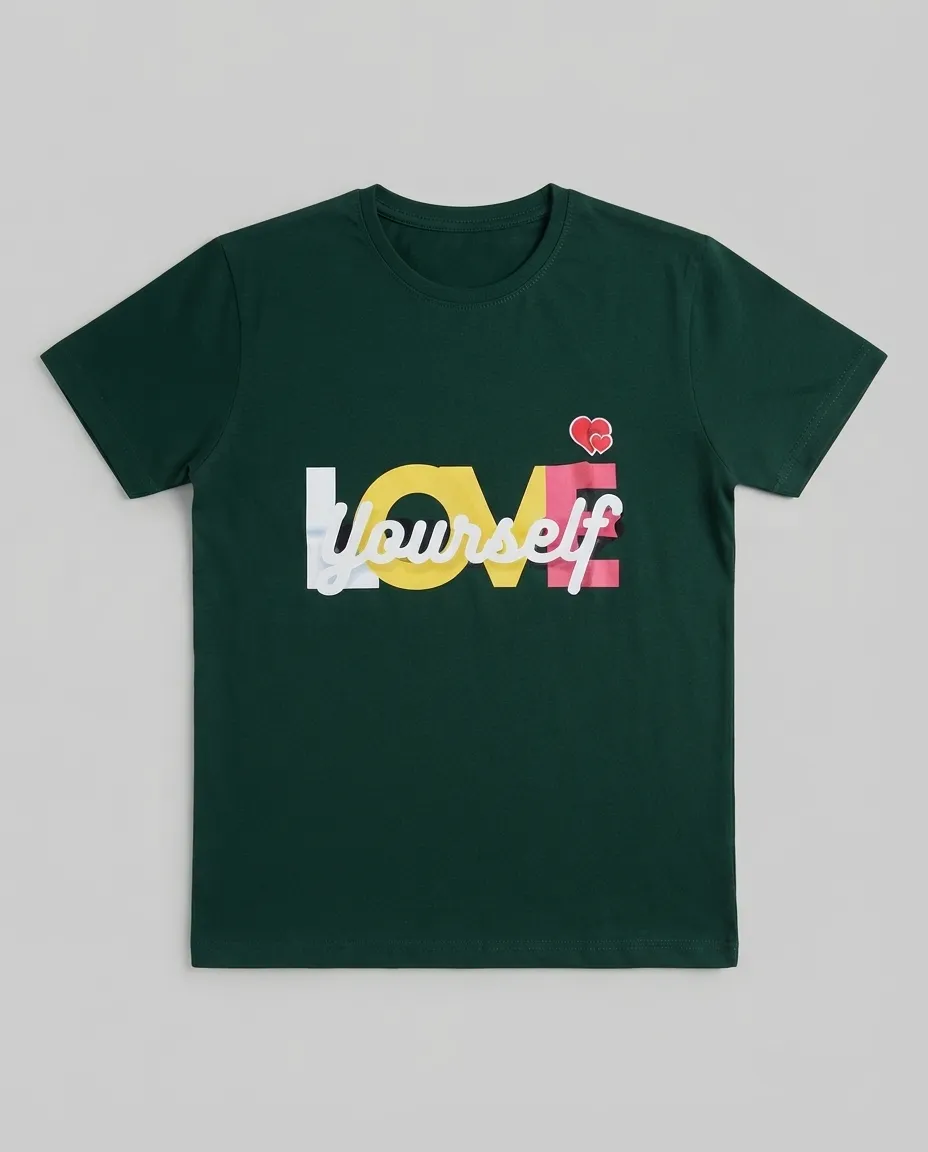 Men's Graphic Printed T-Shirt with Short Sleeves and Bengali-Inspired Artwork, Featuring a Clean Regular Fit for Casual Everyday Wear - Forest Green - Love Yourself - Image 3