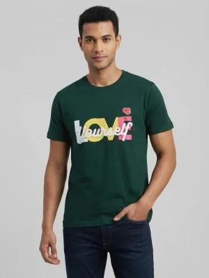 Men's Graphic Printed T-Shirt with Short Sleeves and Bengali-Inspired Artwork, Featuring a Clean Regular Fit for Casual Everyday Wear - Forest Green - Love Yourself